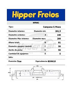 Campana De Freno VOLKSWAGEN FOX 07/... CAMPANA TRASERO C/MAZA BD9618