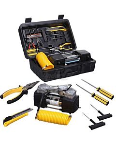 Compresor con herramientas para reparar pinchazos.
